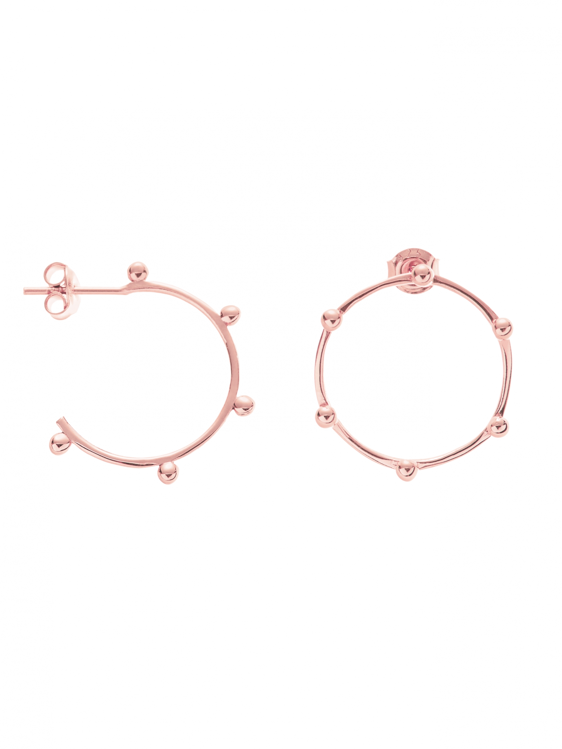 Kolczyki asymetryczne kółka z kuleczkami re7 rose gold różowe złoto minimalistyczna biżuteria moie